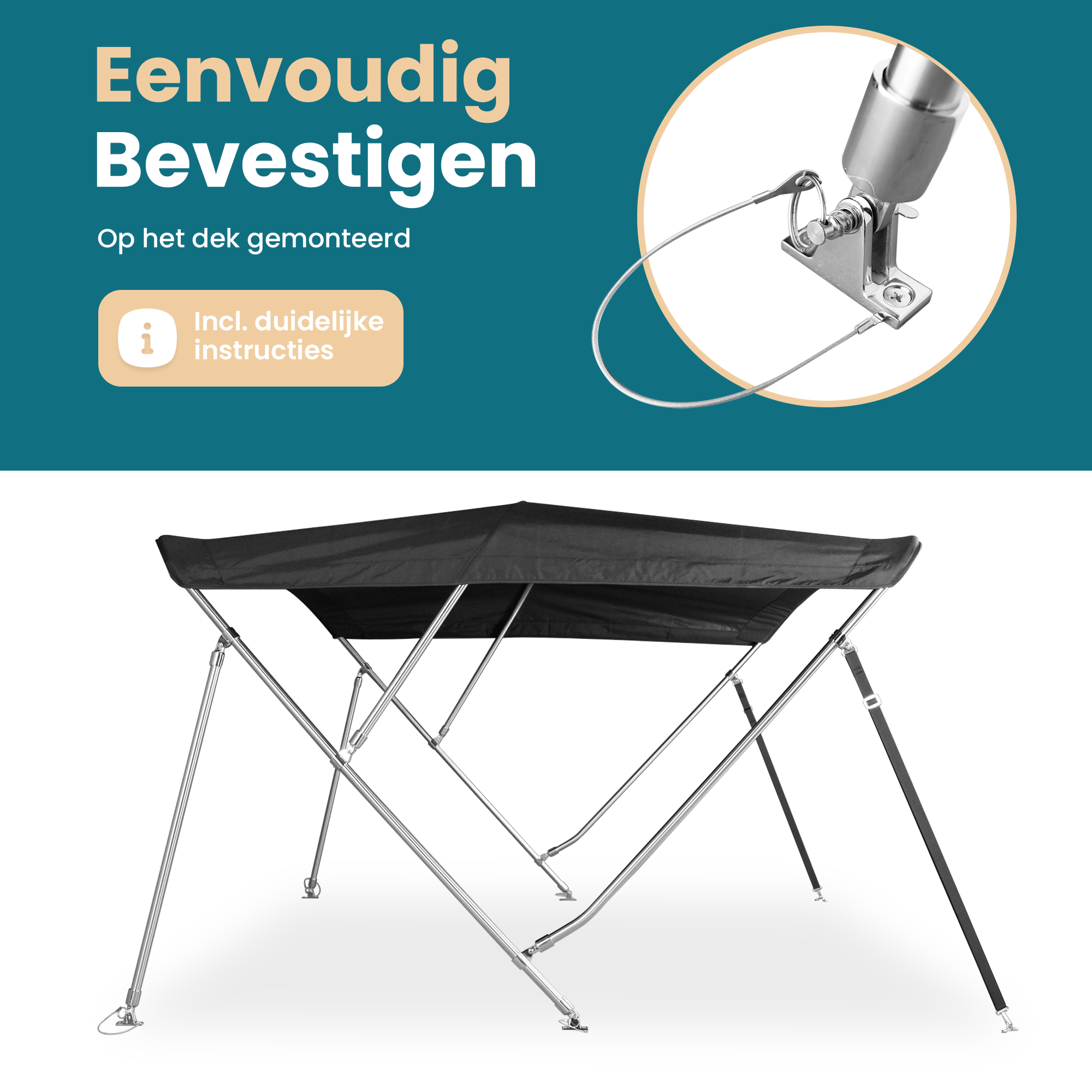 3 boog Biminitop - RVS - Hoogte 117 cm - Lengte 220 cm