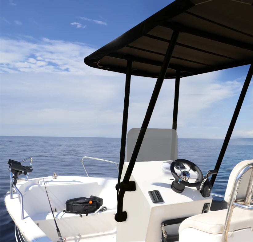 Heavy Duty T-Top - Zwart gecoat aluminium - Montage aan concole - Zwart doek - op boot