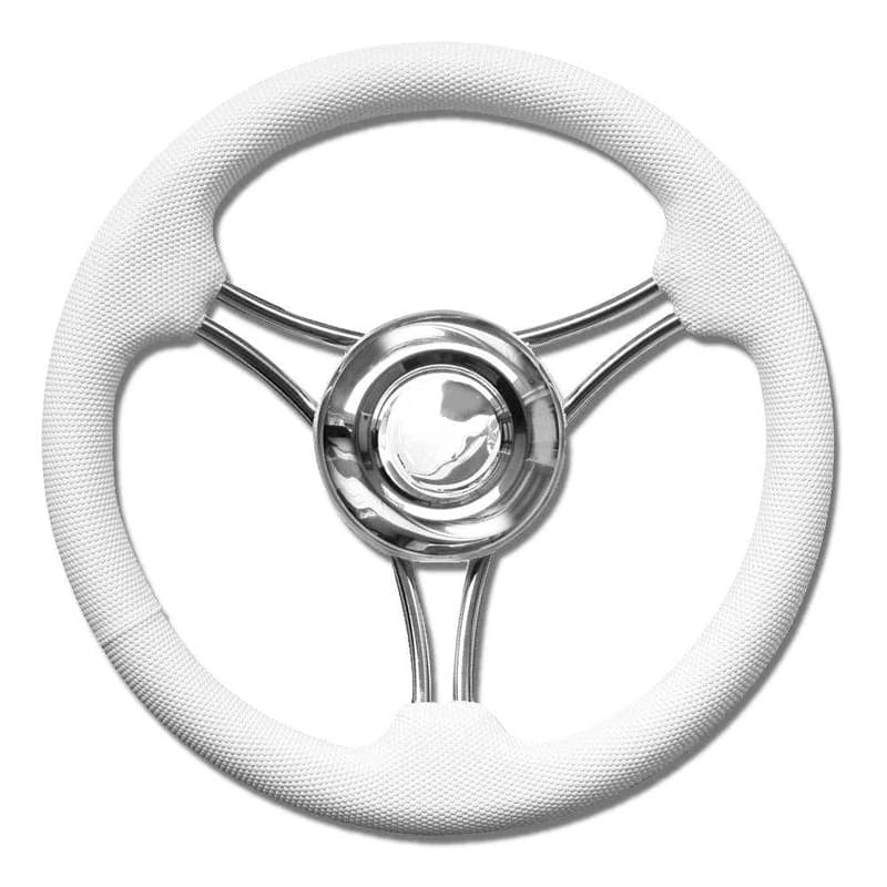 Stuurwiel met geribbelde witte PU grip en 6 gebogen RVS spaken - diam. - 35 cm