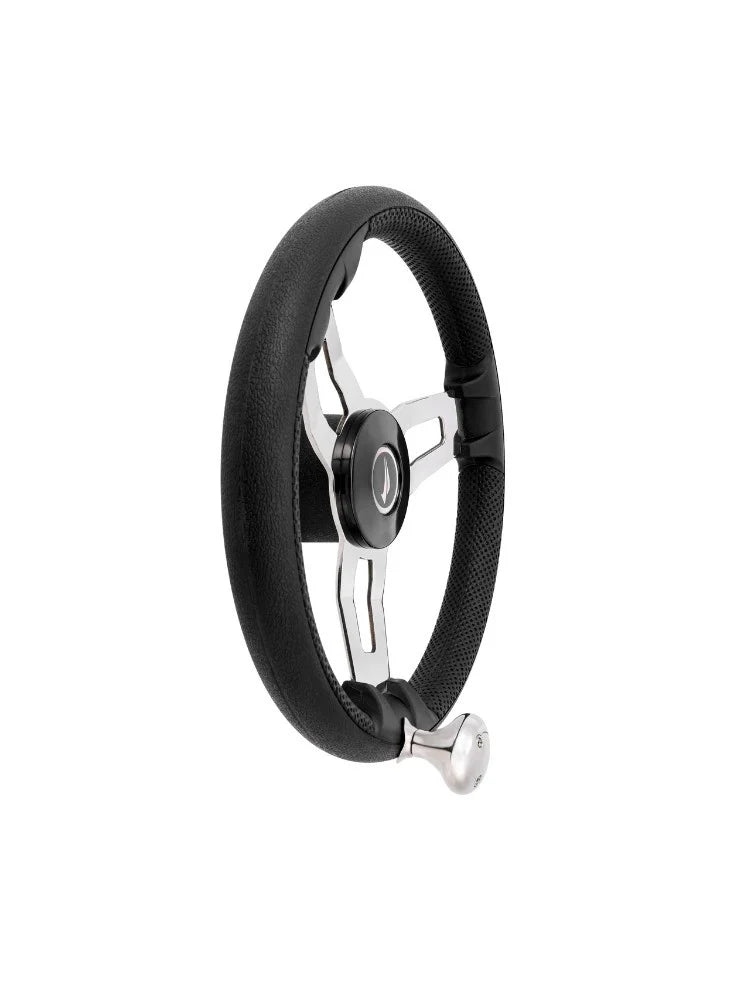 Sportief stuurwiel met zwarte PU foam en 3 RVS spaken plus geïntegreerde stuurknop - Diam. 35 cm