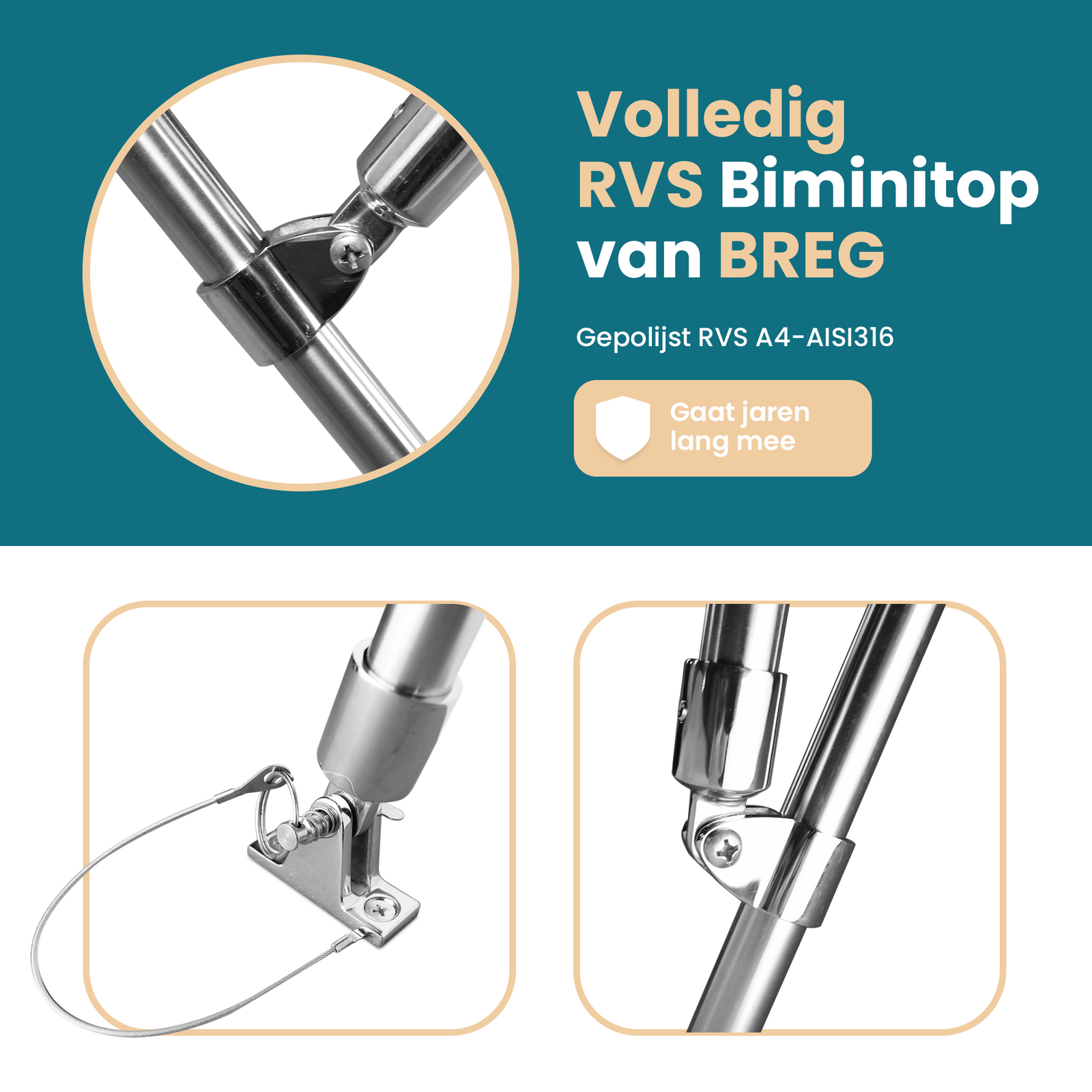 3 boog Biminitop - RVS - Hoogte 117 cm - Lengte 220 cm
