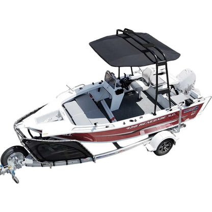 Traga Bimini Top - Zwart gecoat aluminium - Breedte 150 - 230 cm - Doek 170 cm - op bootje