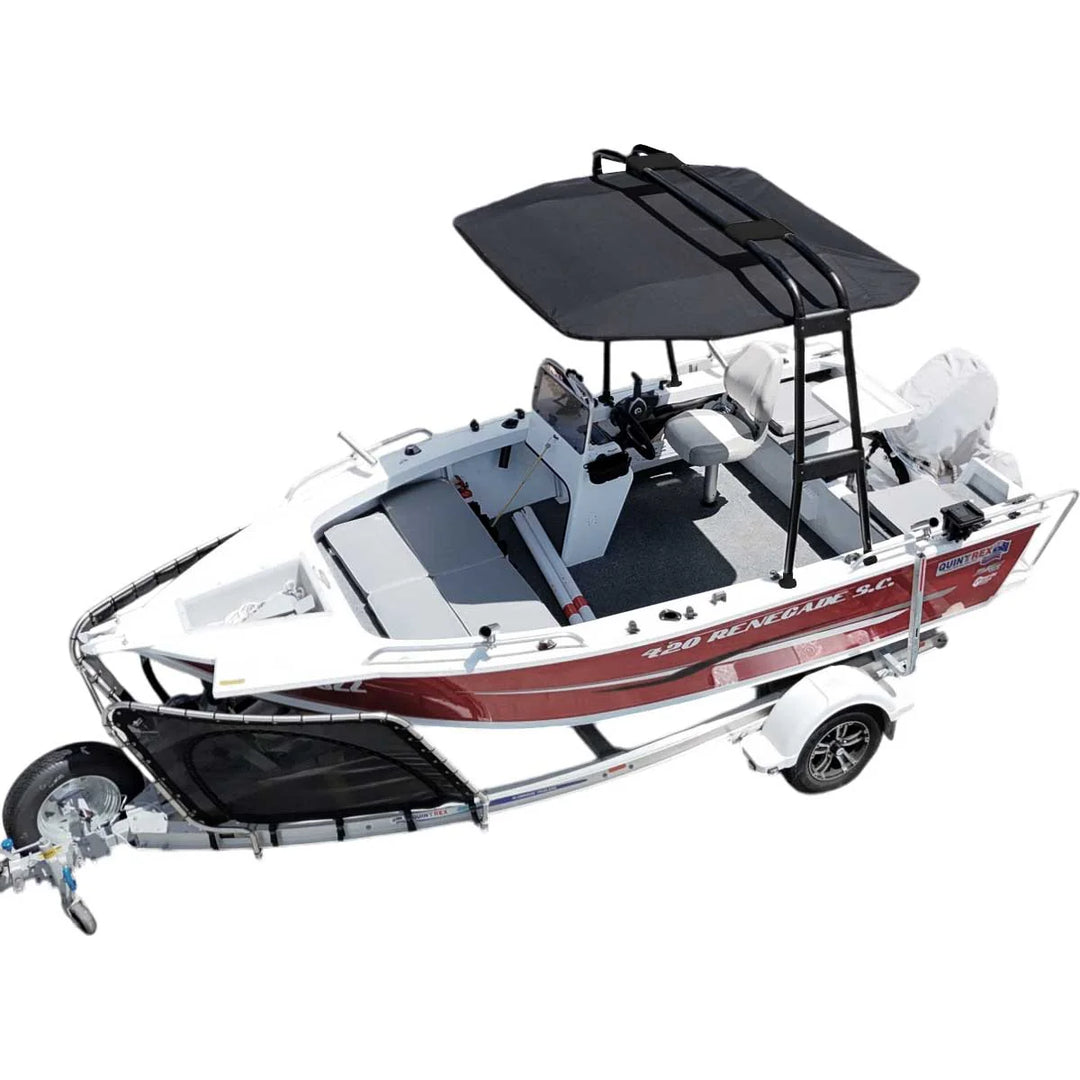 Traga Biminitop - Zwart gecoat aluminium - Breedte 150 - 230 cm - Doek 170 cm - op bootje