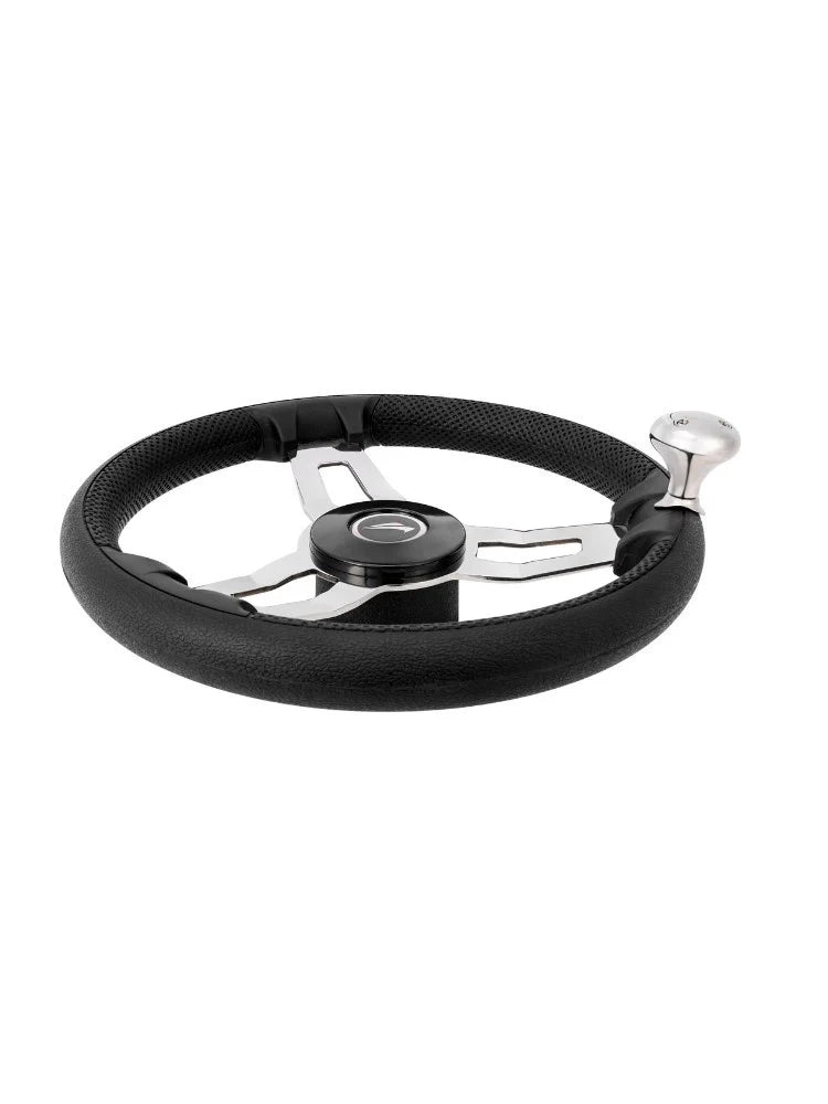 Sportief stuurwiel met zwarte PU foam en 3 RVS spaken plus geïntegreerde stuurknop - Diam. 35 cm