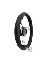 Sportief stuurwiel met zwarte PU foam en 3 RVS spaken plus geïntegreerde stuurknop - Diam. 35 cm
